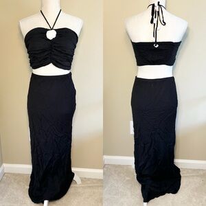 Wild Fable S/M Black Halter Crop Top and Maxi Skirt Set 3D Flower White NWT